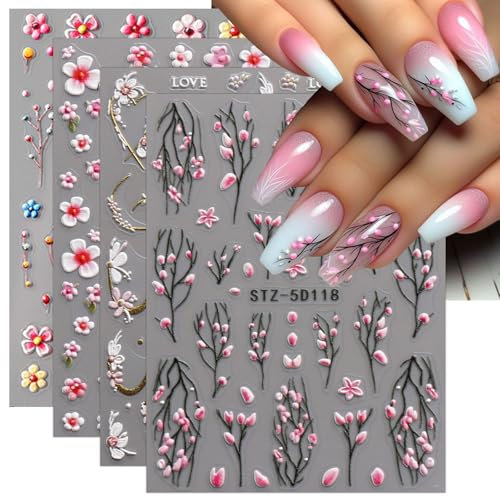 JMEOWIO 3D Flores Pegatinas Para Uñas Autoadesiva 5D Nail Art Stickers Decoración 4 Hojas