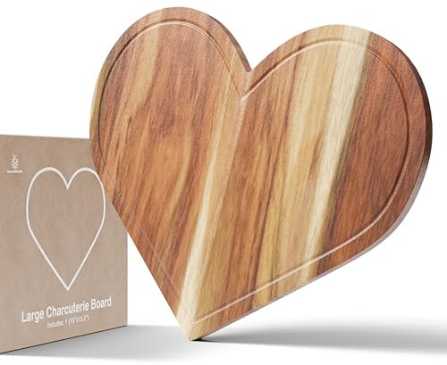 Heart Charcuterie Board 16 x 13.2 Inches – Acacia Wood Cutting Board, Heart Shaped Serving Tray, Plate & Platter, Wooden Valentine’s Day Gift, Love Decor Decorations Dish