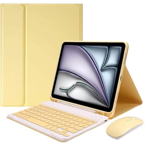 HEKUEUN Keyboard Case for iPad 10,2 tum 9e/8e/7e Generationen (2021/2020/2019) iPad Air 3/iPad Pro 10,5 tum med mus Magnetiskt löstagbart Bluetooth-tangentbord med pennhållare,Yellow