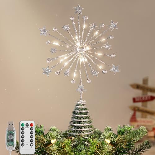 Lewondr Christmas Tree Topper, 13'' Metal Twinkly Xmas Starburst Tree Topper with 20 LED Bulbs, USB Powered Lighted Star Treetop for Christmas Ornament, Remote Control, 6H Timer, 8 Light Modes, Silver