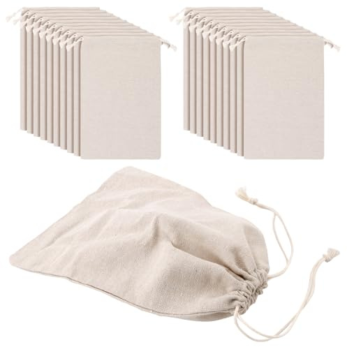 YUENPUN 20 Pack Cotton Muslin Produce Bags, 20 x 30cm Small Drawstring Bag, Reusable Drawstring Muslin Sacks for Vegetables Fruit Nut Snack Storage, Travel Organizing