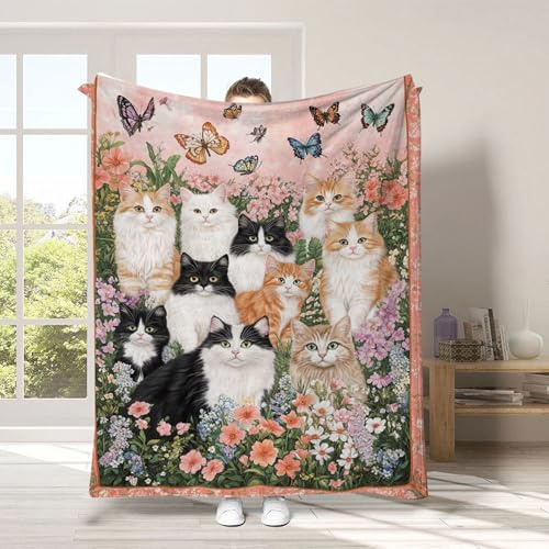 KDFSSIPE Coperta Per Gatti 150x100 Cm - Morbida Flanella Con Design Fiori e Farfalle Stile Pittura a Olio - Coperta Per Divano, Letto - Regalo Per Amanti Dei Gatti