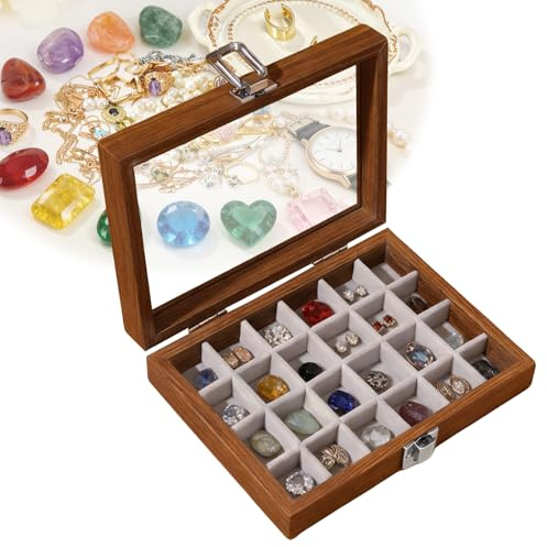 Rock Display Case - Caja expositora de joyas de 24 compartimentos de madera de nogal negro - Caja de colección Rock de madera con tapa de cristal transparente - Para joyas, piedras preciosas y
