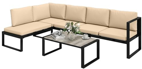 Outsunny Conjunto de Jardín Exterior de 4 Piezas, Muebles Jardín Exterior con 2 Sofás de 2 Plazas, 1 Sillón sin Brazos y Mesa de Centro, Conjunto de Sofá con Estructura de Acero y Cojines, Caqui