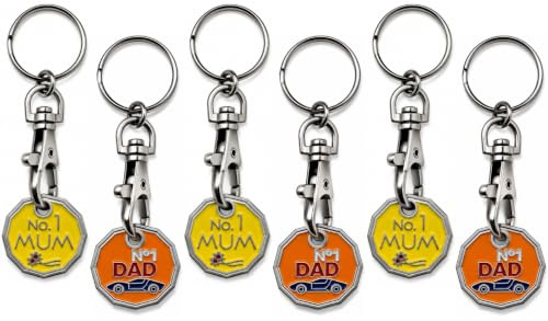 Craft 4 You Pack of 6 x Shopping Trolley Token UK Keyring £1 Coin Shape Pound Tokens Key Ring for Supermarkets Locker Gym (3 x Mum 3 x Dad)
