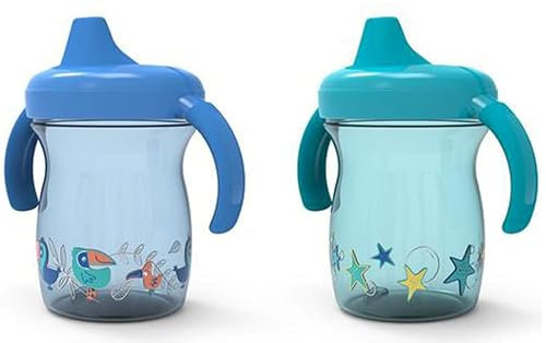 NUK First Essentials Fun Grips Soft Spout Trainer Cup, 7 oz. (2 Count (Pack of 1), Blue&Green)