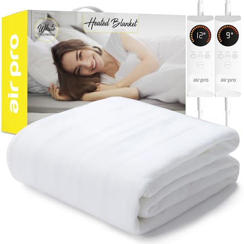 Air Pro Electric Blanket - Fully Fitted Mattress Cover With Elastic Straps - Premium Fleece Easy Fit Heated Blanket - Detachable Dual Controllers & Machine Washable - Double - 135x190cm