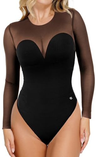 Popilush Sheer Long Sleeve Tops for Women Black Mesh Shapewear Corset Bodysuit Tummy Control Fall Concert Date Night Outfits