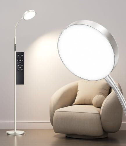 Ehaho LED Stehlampe Silber | 12W Stehlampe | Dimmbar Stehleuchte | Warmweiss Neutralweiss Kaltweiss | Stehlampe mit Fernbedienung | Stehlampe Leselampe für Wohnzimmer Schlafzimmer Büro