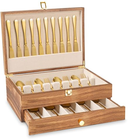 Yoimori Silverware Storage Box, 2-Layer Flatware Storage Case with Drawer, Wooden Silverware Chest with Linen Liner, Rustic Silverware Case for Storing Fine Flatware and Utensils (Brown)
