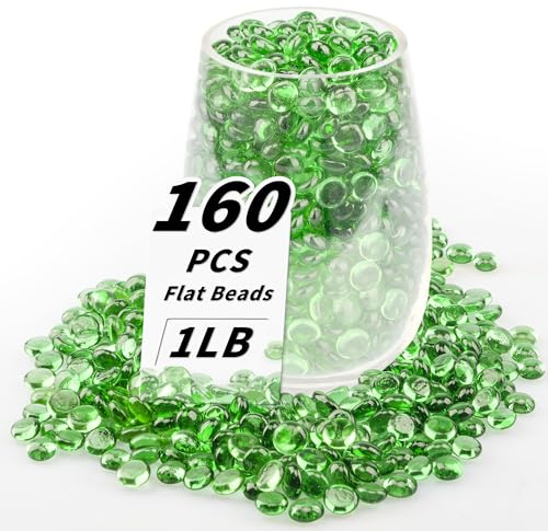 1 LB Green Flat Glass Beads, 160-180PCS Small Glass Marbles, Mini Flat Round Pebbles for Vase Filler and Floral, Fish Tank Rocks Decorative Gemstones for Home and Aquarium Décor