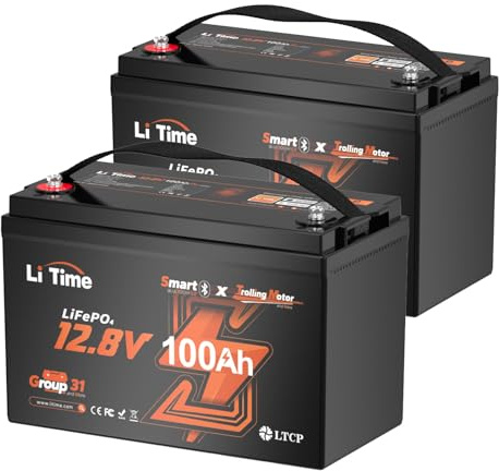 Litime 12V 100Ah Trolling Motors LiFePO4 Battery (Group 31), 12 Volt Bluetooth Lithium Batteries, Max. 15000 Deep Cycles, 100A BMS, Low-Temp Protection for Marine, Boat, Yacht, RV, Solar (2-Pack)