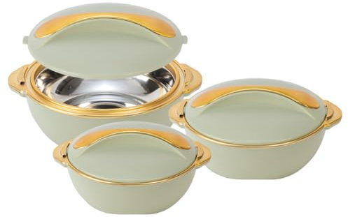 Pinnacle Lot de 3 cocottes isothermes avec couvercle – 3/2/1 litre – Réchauffeur/refroidisseur de nourriture – Plats de service thermiques avec couvercles – Récipient pour aliments chauds en acier