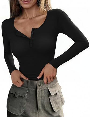 Totatuit Haut femme col boutonné à manches longues en coton stretch coupe slim couleur unie style tendance décontracté pour tous les jours Noir，S