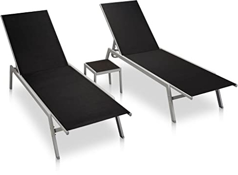 HaoChrymec Sonnenliegen 2 STK. mit Tisch aus Stahl und Textilene, Verstellbare Rückenlehne, Gartenmöbel Set, Camping Liegestuhl, Strand Liege, Outdoor Liege, Schwarz, 200 x 58 x 32 cm