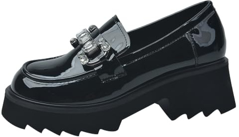 Eestfy Mocasines con Plataforma de Cuero Patentado Mujer con Adornos de Cristal Suela de Tacos Gruesa Negra Zapatos de Vestir Ajuste Ancho de Inspiración Gótica,Blackthick,37 EU