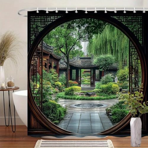 GLKSDLPO Round Frame Chinese Garden Shower Curtain - Tranquil Asian Design With Stone Fountain, Wooden Pavilion Greenery Home Spa Decor(130x183cm/51x72in(WxH)