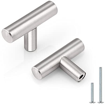 Probrico (5 Pack Euro Style Round T Bar Satin Nickel Cabinet Knobs, Single Hole Stainless Steel Kitchen Cabinet Handles Dresser Drawer Cupboard Bathroom Chest Door Hardware, 2 Inch Total Length