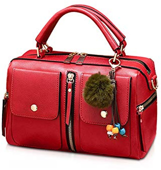 NICOLE & DORIS Bolsos de Mujer Bolso Pompón Estilo Bolso de Hombro con Cremallera Bolsillos Bandolera para Mujer Bolso Cuadrado Pequeño de Cuero PU Trabajo Diario Elegante Moda Rojo
