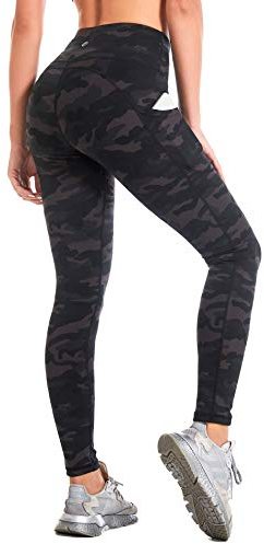CAMBIVO Leggings Damen High Waist Camouflage, Golfhosen Sport Leggins Damen Lang mit Handytasche, Sporthose Yogahose Atmungsaktiv & Blickdicht für Fitness, Yoga, Training, Casual
