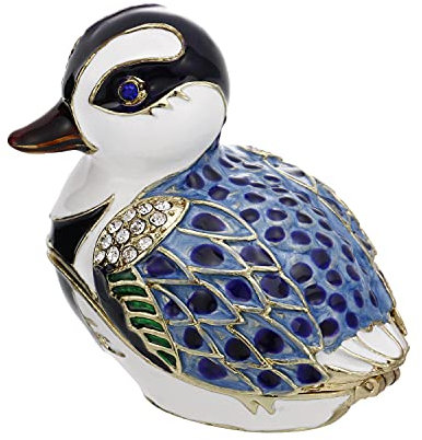 Hand Painted Enamel Bird Trinket Box for Home Decor, Hinged Jewelry Organizer for Ring Earrings, Unique Figurine Keepsake Collectible Personalized Elegant Handmade Ornament (Duck-Cartoon)