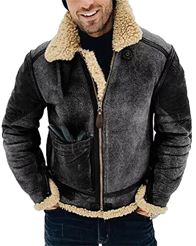 MANYMANY Giubbotto bomber da uomo in pelle con risvolto in pelliccia da uomo Fodera in pile sintetico Giacca volante invernale Elegante cappotto da aviatore
