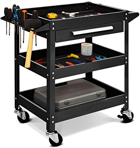 TANGZON 3-Tier Rolling Tool Cart, Utility Service Cart with Towel Rack Handle, Lockable Casters, Draw & Holes, Heavy-duty Steel Mobile Storage Trolley for Garage Warehouse Office (Black)