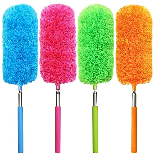 4 Pcs Washable Microfiber Feather Duster, with Extendable Pole and Bendable Head, Microfibre Cleaning Tool for Cleaning Office, Car, Computer, Furniture, Sofa