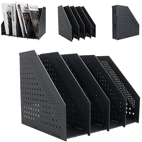 YOUNTHYE Portariviste pieghevole A4, Cartella in piedi in plastica, Portariviste nero, Cartella portariviste con 4 scomparti, Portaoggetti per ufficio e organizzazione Scuola, Ufficio, Carta