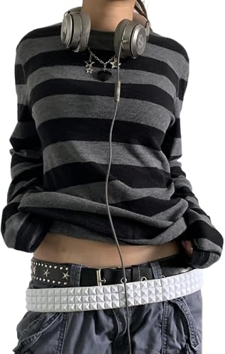 Betrodi Femmes Y2k Chemises Rayées Manches Longues T-Shirt Fairy Grunge Baggy Vintage Harajuku Streetwear Tops pour Filles Adolescentes, L