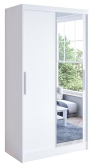 Easy4You K6 100 cm Weiß Schiebetüren Kleiderschrank 100x200x58 cm mit Spiegel - Schlafzimmermöbel, Aufbewahrung - Mehrzweckschrank