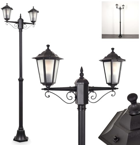 Lampada da esterni Loria, lampada da sentiero in metallo/vetro smerigliato in nero/bianco, candelabro a 2 luci effetto antico, altezza max. 200 cm, illuminazione da giardino IP44, 2 lampadine E27,