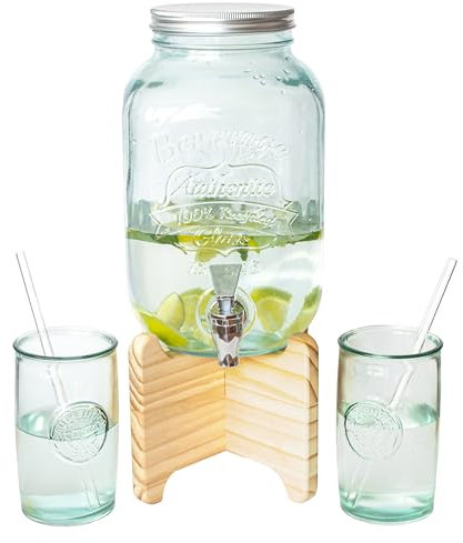 Dispensador de bebidas con soporte, vasos y pajitas. Jarra agua cristal 100% reciclado con grifo. Recipiente de vidrio reciclado, base de madera y vasos+pajitas. Mojito vino sangria (4 LITROS)