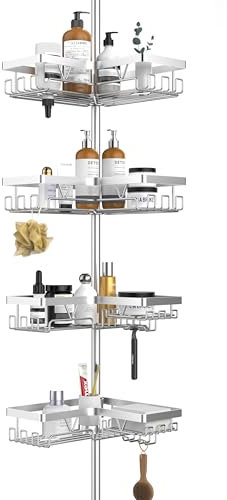 Kegii Etagere Douche - Etagere Telescopique Douche sans Percage, Tablette d'angle Réglable en Hauteur avec 4 Paniers, Argent