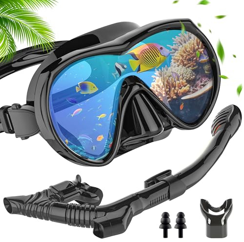 IEEILULU Set da Snorkeling per Adulti con Maschera Subacquea e Boccaglio, Maschera Snorkeling Anti Fog Panoramica 180°, Snorkel Set con Boccaglio a 3 Canali per Immersioni Nuoto (Nero)