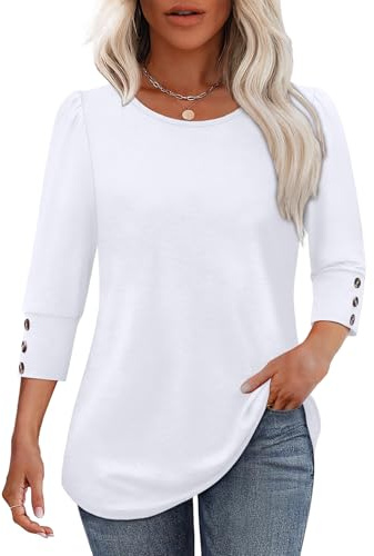 Aokosor Ladies Tops for Womens 3/4 Sleeve Tops Ladies Blouses Crew Neck Puff Sleeve Tunic Fashion T Shirt Button Sleeve White Size 10-12