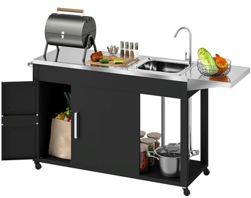 Outsunny Chariot de barbecue avec plan de travail - Panneau latéral - Armoire - Roues - Table de barbecue en acier inoxydable - Table d'appoint pour jardin, terrasse, barbecue - 162,5 x 47 x 87 cm