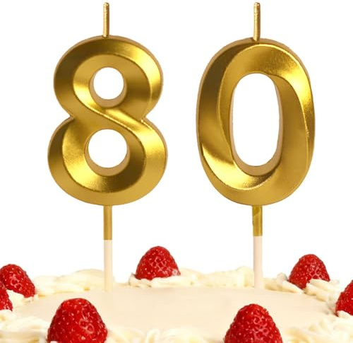 80th Birthday Candles Gold Number 80 Happy Birthday Candles Cake Topper Decorations for Birthday Party for 3D Designed Wedding Anniversary Party Wedding Anniversary Celebration Supply