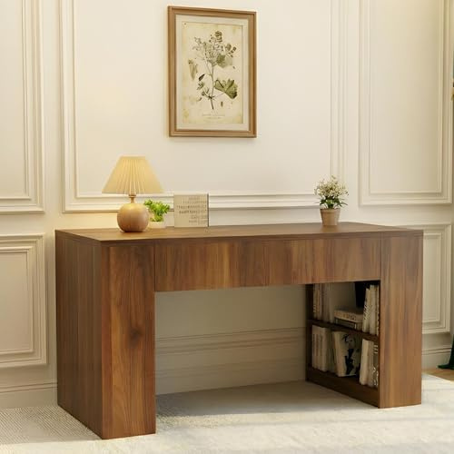 SRIAA Walnut Computer Desk – 47” Modern Wooden Workstation with Built-in Shelves & Front Drawer – Heavy-Duty 45kg Solid Build for Home Office & Study