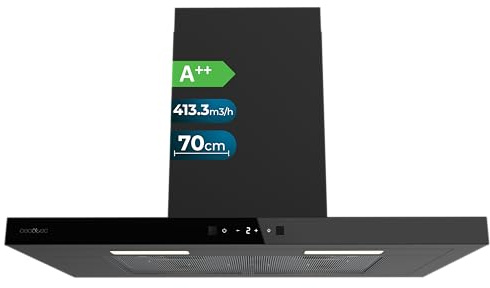 Cecotec Campana Extractora en forma de T Bolero Flux TT 704400 Black A++, 70cm, 413,3m³/h de succión, Clase A++, Control Táctil Invisible, Hand Movement Control, Función Booster, Filtros Lavables