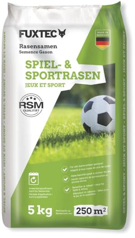 FUXTEC FX-RSSP5 Graines de pelouse, gazon de jardin robuste pour semis neuf et ultérieur, grande capacité de germination, croissance dense, résistante et résistante à l'écrasement, 5 kg pour env. 250