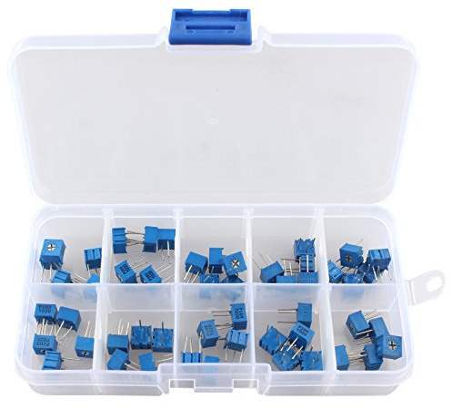 HALJIA, 50 pezzi, 10 da 100 ohm a 1 m ohm 3362 Trimmer, potenziometro, kit assortito con resistenza variabile e scatola in plastica.
