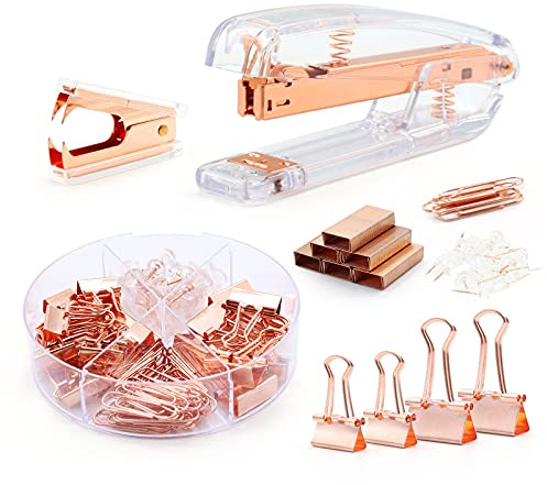 Rose Gold Office Supplies Desk Accessories,Set of Acrylic Clear Staplers,Staple Remover,1000pcs Staples,72 pcs Binder Clips Paper Clips Push Pins Sets,Great Gift Home School Office Desk Supplies