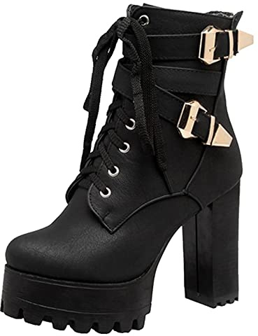 SJJH Stivaletti da donna con plateau con tacco alto e borchie, nero 1, 47 EU