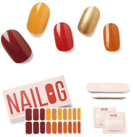 NAILOG Semi Cured Gel Nail Strips, Extra Long Nail Polish Strips (20 Pieces), Long Lasting Semi Cured Nail Stickers with Soft Glossy Gel Finish, Maple Bloom