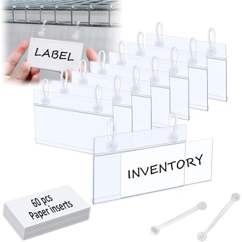 ChanQnTon Plastic Shelf Labels, 60pcs Label Holders with 120pcs Snap Lock Hanging Loops and 60pcs Matched Paper Inserts for Wire Basket,Price Tags,Shelf Tags for Wire Shelving 3.15x1.57inch