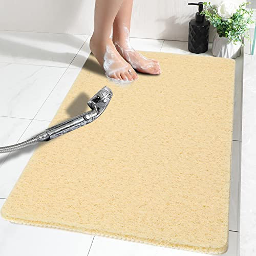 Idyfodol Loofah Shower Mat Non Slip Anti Mould 60x40 cm With Shower Puff PVC Machine Washable Bath Mats for Inside Outside Rectangular (Beige, Medium)