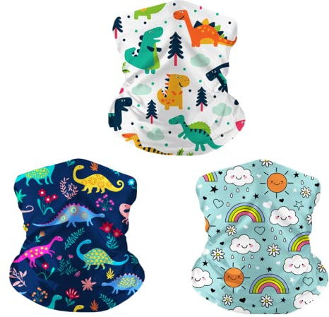 Freesom Lot de 3 Tour de Cou Enfant Leger Garcon Fille Dinosaure Ete Polaire Foulard de Couverture Visage Cache Cou Col Bandana Écharpes Cagoule Elastique Respirant Anti-solaire Sport Vintage Cadeau