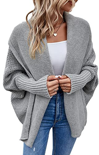 Bichingda Women's Kimono Batwing Cable Knitted Slouchy Oversized Wrap Cardigan Sweater Coat Outwear UK Grey