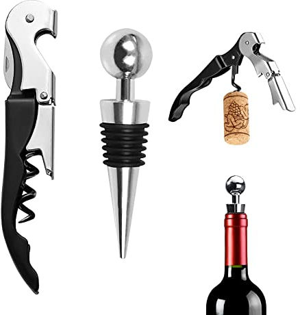 Korkenzieher Weinflaschenöffner mit Weinverschluss Corkscrew Edelstahl 2 in1 Flaschenkorkenzieher Set mit Folienschneider Wein Öffner Screwpull Flaschenstopfen Weinöffner für Camping, Zuhause, Küche